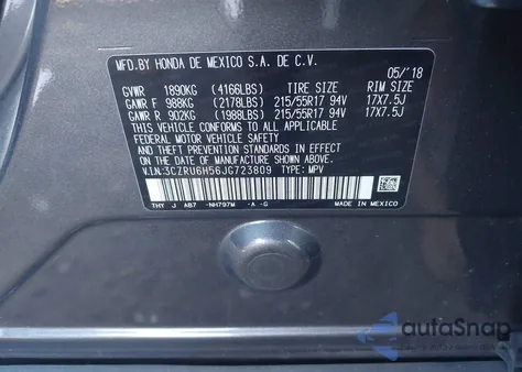 2018 Honda Hr-V Ex из США, поврежденный, VIN 3CZRU6H56JG723809